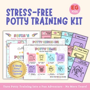 K&ouml;nnte beinhalten: Ein farbenfrohes T&ouml;pfchentrainings-Set mit dem Text "STRESS-FREE POTTY TRAINING KIT". Das Set enth&auml;lt illustrierte Karten mit Anweisungen und ein 5-Stufen-System. Das Set soll das T&ouml;pfchentraining zu einem Abenteuer machen.