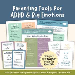 ADHD Parent Support Toolkit, Calming Strategies for Adults with ADHD Children, Breathing Cards, What to Say Instead, Printable Cheat Sheets