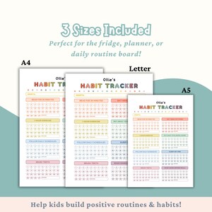 May include: Three habit tracker charts in A4, Letter, and A5 sizes. Each chart features a colorful design with sections for daily tasks like reading, exercise, and brushing teeth. Text includes "Ollie's HABIT TRACKER" and "Help kids build positive routines & habits!"