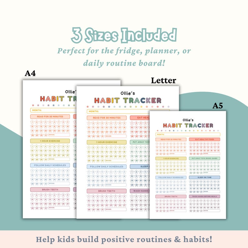 May include: Three habit tracker charts in A4, Letter, and A5 sizes. Each chart features a colorful design with sections for daily tasks like reading, exercise, and brushing teeth. Text includes "Ollie's HABIT TRACKER" and "Help kids build positive routines & habits!"