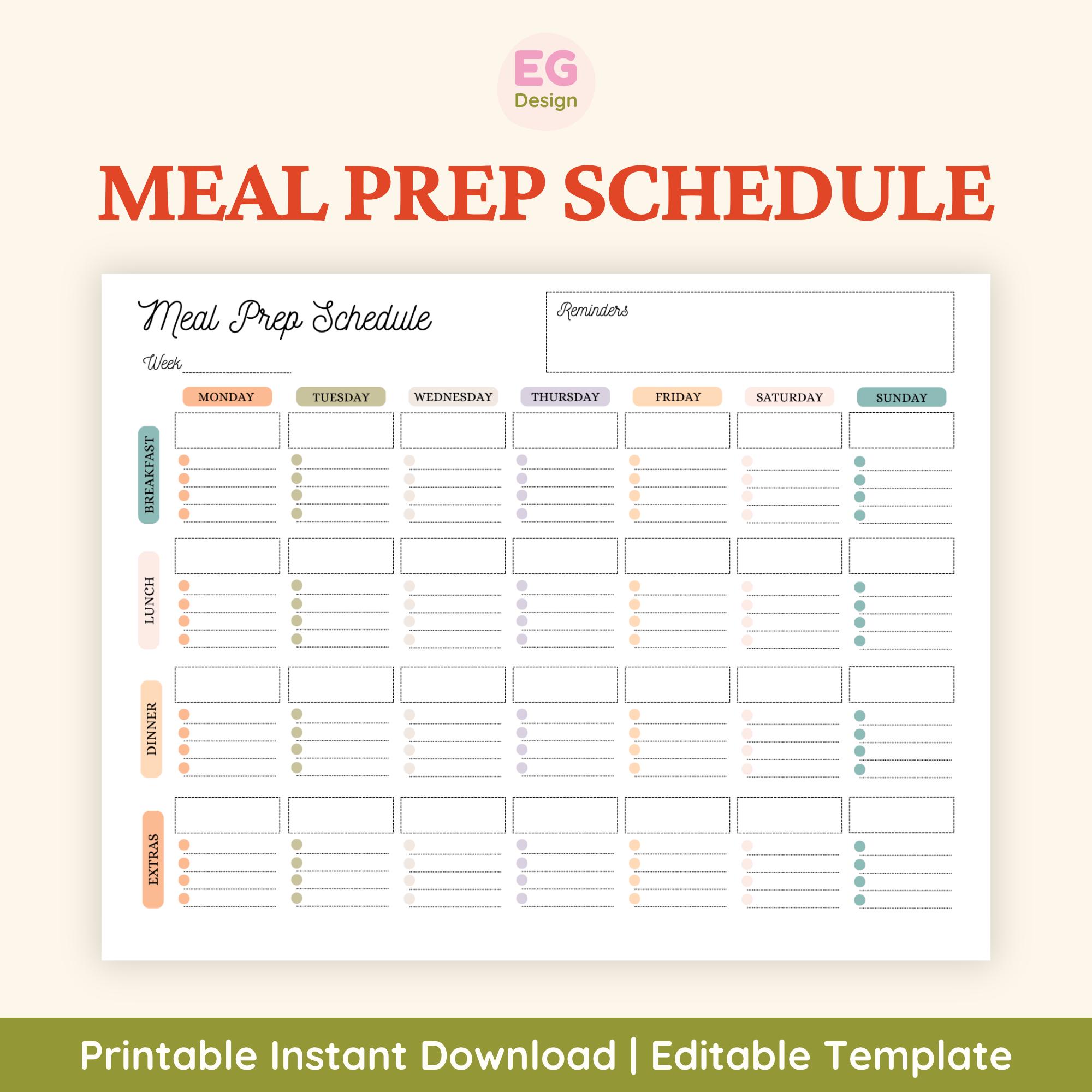 Meal Prep Schedule Template Weekly Meal Planner Printable Editable 
