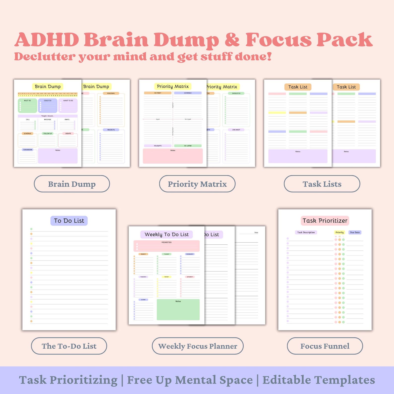 ADHD Planner Printables, Brain Dump Focus Tools for Adults, Editable to ...