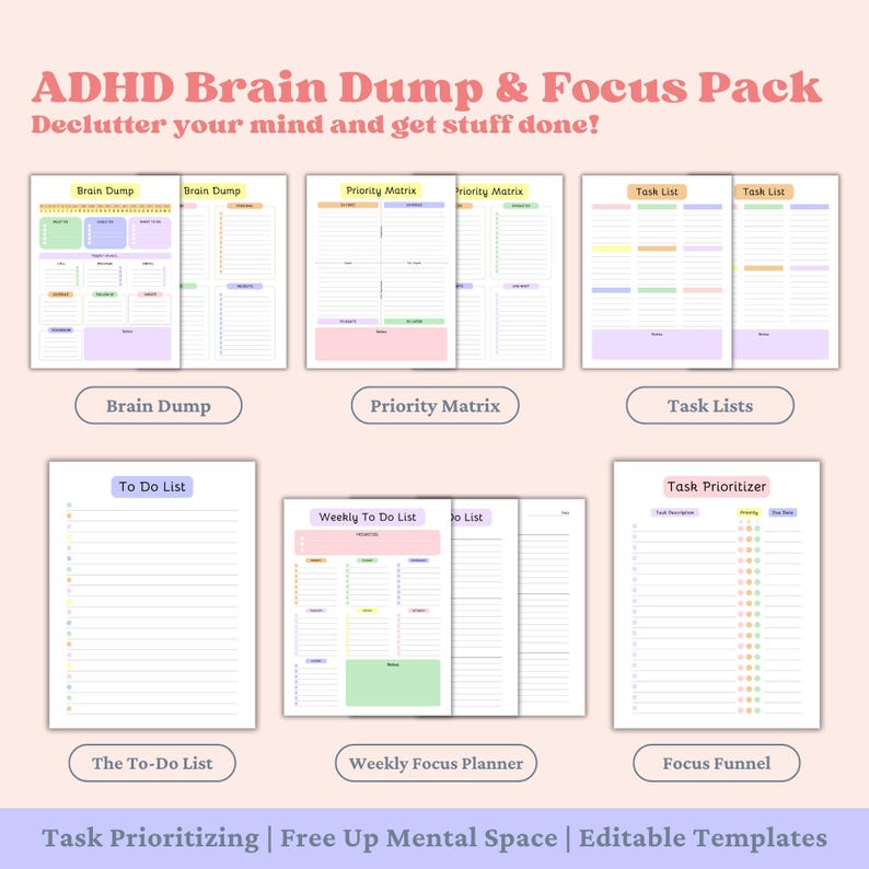 ADHD Planner Printables, Brain Dump Focus Tools for Adults, Editable to ...
