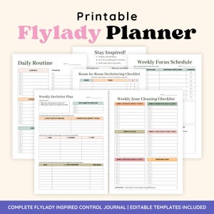 Può includere: Una raccolta di pagine stampabili del Flylady Planner. Le pagine includono una routine giornaliera, un programma settimanale, una lista di controllo per la pulizia stanza per stanza e una lista di controllo per la pulizia settimanale delle zone. Il planner ha uno schema di colori rosa e nero.