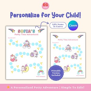 K&ouml;nnte beinhalten: Ein druckbares T&ouml;pfchentrainings-Diagramm mit Einhorn-Motiv. Das Diagramm enth&auml;lt den Text "SOFIA'S Potty Time Adventure!" und "Potty Time Adventure!" mit Illustrationen von Einh&ouml;rnern, Regenbogen und Sternen. Der Text "Personalize for Your Child!" ist ebenfalls enthalten.