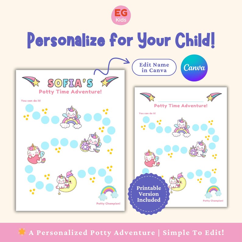 K&ouml;nnte beinhalten: Ein druckbares T&ouml;pfchentrainings-Diagramm mit Einhorn-Motiv. Das Diagramm enth&auml;lt den Text "SOFIA'S Potty Time Adventure!" und "Potty Time Adventure!" mit Illustrationen von Einh&ouml;rnern, Regenbogen und Sternen. Der Text "Personalize for Your Child!" ist ebenfalls enthalten.