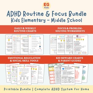 May include: A bundle of printable ADHD resources for kids, including routine charts, worksheets, and reward charts. The image features the text "ADHD Routine & Focus Bundle" and "Kids Elementary - Middle School". The bundle includes tools for emotional regulation and social skills.