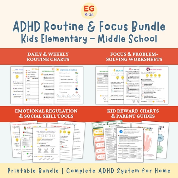 Kids ADHD Printable Toolkit, Child Routine Charts, Good Behavior Rewards Executive Function Homework Focus Help Emotional Regulation Support