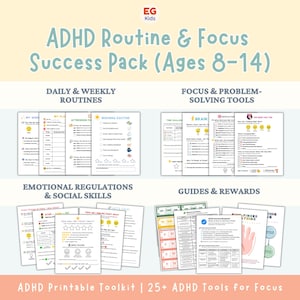 May include: ADHD Routine & Focus Success Pack for ages 8-14. The toolkit includes daily and weekly routines, focus and problem-solving tools, emotional regulation and social skills guides, and reward charts. The text on the bottom reads: ADHD Printable Toolkit | 25+ ADHD Tools for Focus.