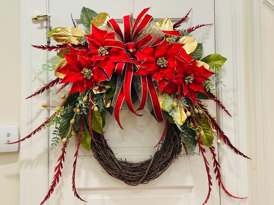 Elegant Christmas Red & Gold Poinsettia Grapevine Wreath - Etsy
