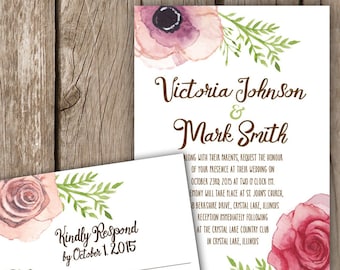 Watercolor Script Wedding Invitation, Romantic Wedding Invitation Set, Whimsical Wedding Invitation, Floral Wedding Invitation