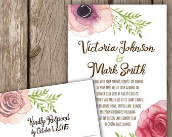 Floral Script Wedding Invitation, Whimsical Wedding Invitations, Watercolor Wedding Invitation, Quality Wedding Invitations