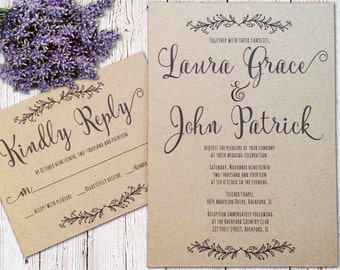 Kraft rustic wedding invitation - Black calligraphy font - Calligraphy Wedding Invitation, Script Kraft Invitation