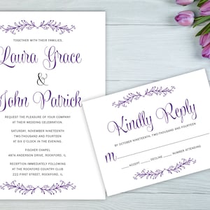 Elegant Script Wedding Invitation, Purple Script Wedding Invitation, Romantic Wedding Invitations, Rustic Wedding Invitations