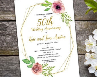 50th Wedding Anniversary Invitation Floral - Printed