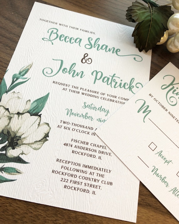 Seafoam Greens Floral Script Wedding Invitation Classy Etsy