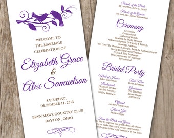 Elegant Wedding Programs - Flat Double-Sided, Bird Design Wedding Programs, Purple and Brown Wedding Programs, Tall Wedding Programs,