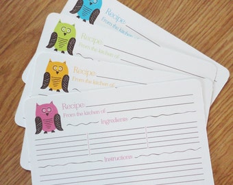 Owl Themed Recipe Cards, 4x6 or 5x7 - Printed Recipe Cards, Colorful Owl Recipe Cards, Rounded Recipe Cards - set of 40