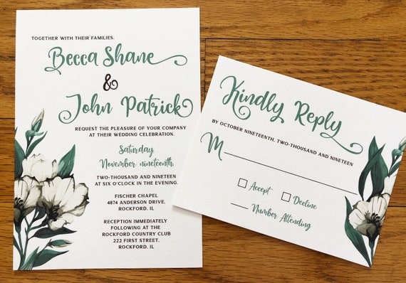 Seafoam Greens Floral Script Wedding Invitation Classy Etsy
