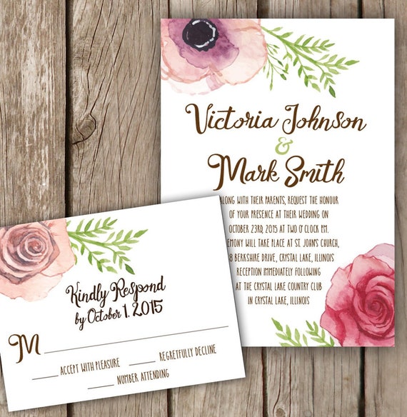 Watercolor Script Wedding Invitation Romantic Wedding Etsy