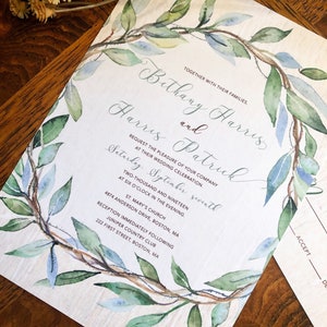Greenery Wedding Invitation, Garden wreath Wedding Invitation Set, Elegant Wedding Invitations, Printed Invitations