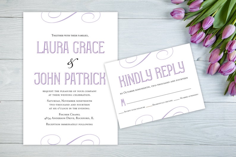 Elegant Script Wedding Invitation, Purple Wedding Invitation, Classic Wedding Invitation image 1