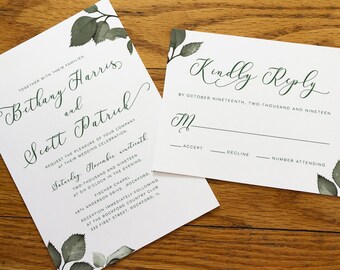 Green Script Wedding Invitation, Elegant Wedding Invitations, Green Leaves Wedding Invitation, Quality Wedding Invitations