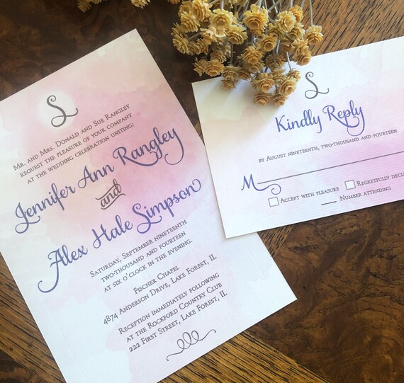 Watercolor Monogram Wedding Invitation Pink And Purple Etsy
