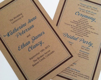 Kraft Wedding Programs - Double Sided, Simple, Elegant Rustic Wedding Programs - Flat Wedding Programs