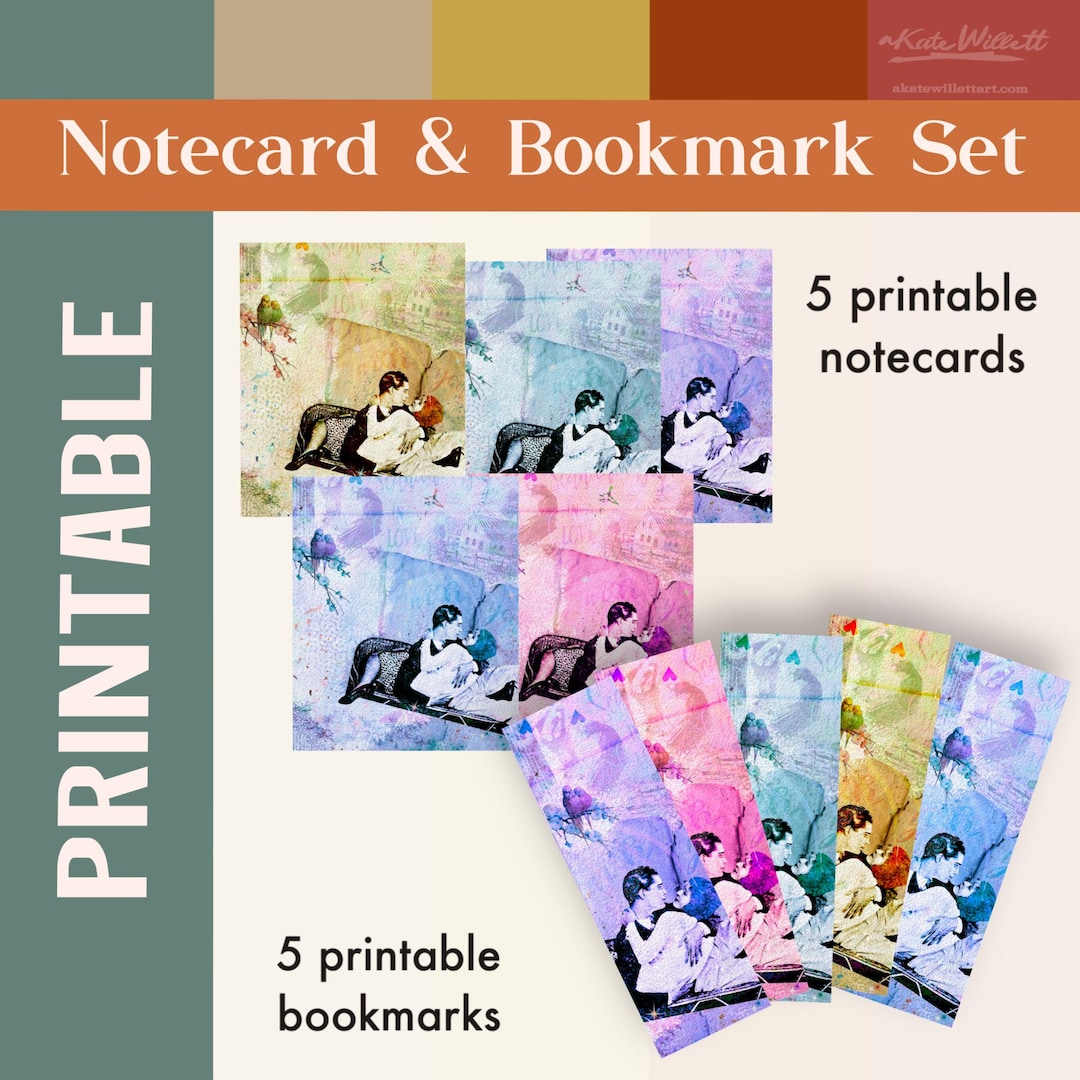 Note Card Bookmark Printable Notecard Set / Includes 5 Notecards and 5 Matching Bookmarks ...