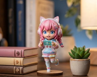 Hand-Painted 3D Printed Gamer Figurine, Chibi Desk Decor, PLA Plastic, Acrylic Paint