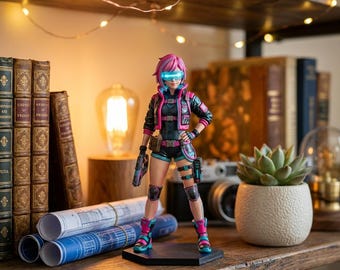 Hand-Painted 3D Printed Cyberpunk Girl Figurine, Neon Anime Desk Decor