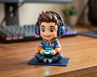 Hand-Painted 3D Printed Gamer Figurine, Chibi Desk Decor