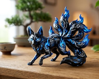 Hand-Painted 3D Printed Kitsune Fox Spirit Figurine, Japanese Desk Decor