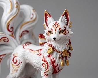 Hand-Painted 3D Printed Kitsune Fox Spirit Figurine, Japanese Desk Decor