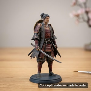 May include: A detailed samurai figurine standing on a circular base, wearing dark red and black layered armor with a tattered outer robe. The figure has a topknot hairstyle and holds a katana sword in one hand. Text at the bottom reads: Concept render — made to order.