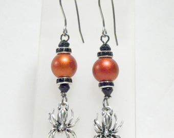Orange and black top spooky spider Halloween earrings