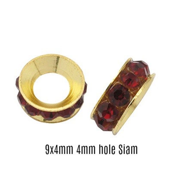 Golden tone 9 mm channel set red or green Grade A rhinestone large hole rondelles  pack of 5 spacer beads