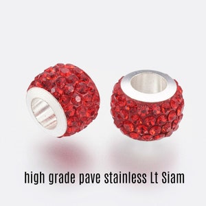 High grade Pave Rhinestone, Large Hole Beads, polymer clay, stainless core 11 mm x 7.5 mm; hole 5 mm  pack of 2 or 4 beads