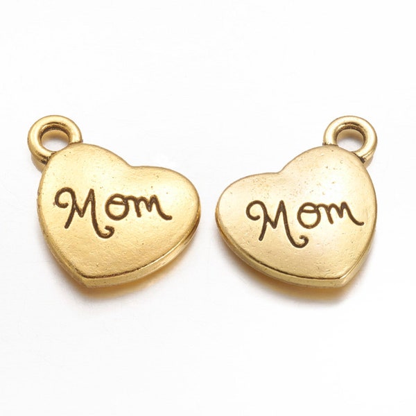 Mom charm or necklace for Mother's Day heart shaped charm has script word Mom in silver or gold finish alloy,  2 or 4 charms  or necklace