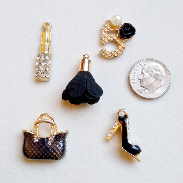 Black, gold, rhinestone fashion charm group 5 charms rhinestone lipstick, open toe rhinestone heel shoe , purse, number 5, flower tassel