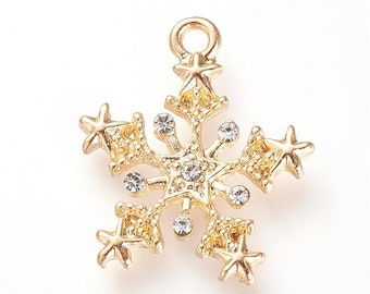 Beautiful rhinestone snowflake charm Christmas, winter theme  gold finish, choose set of 2 or 4 charms use for jewelry, trinket