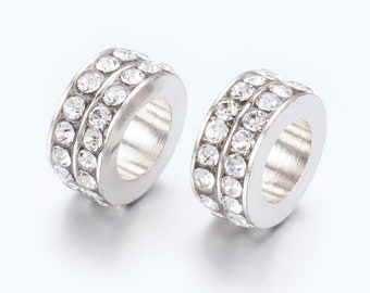 Platinum tone double row clear rhinestone rondelle spacer bead for European style jewelry