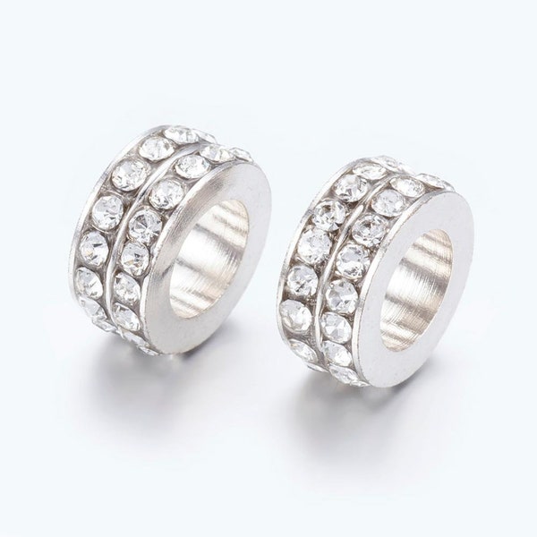 Platinum tone double row clear rhinestone rondelle spacer bead for European style jewelry