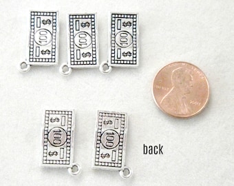 Money charms in silver alloy set of 5 or 10 charms  use for earrings, bracelets, party favors, zipper pulls, hundred dollar charm