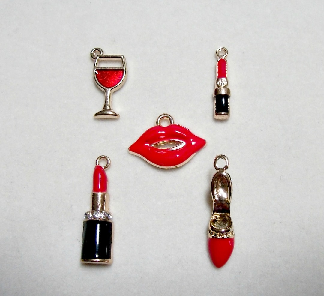 Red Lips, Lipstick and Wine Ladies Charm Set, 5 Charms 2 Lipsticks, Red Lips, Red Wine Glass