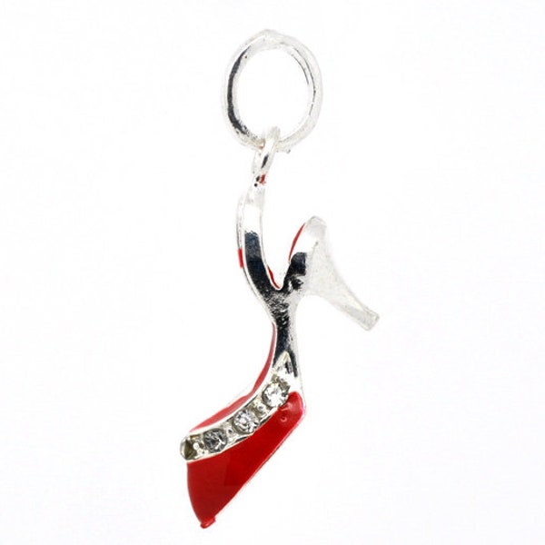 Red enamel and rhinestone slingback high heel European style dangle charm in silver alloy DIY jewelry, shoe charm, purse charm