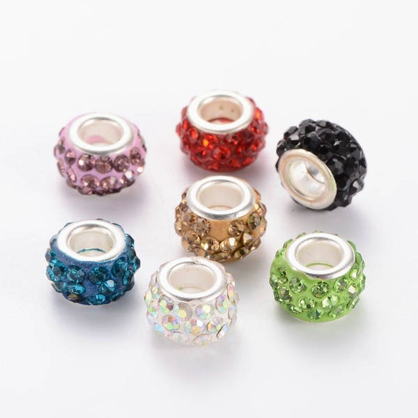 Pave rhinestone polymer clay large hole spacers pack of 4 beads same color, clear, or mix DIY jewelry,European beads, large hole beads