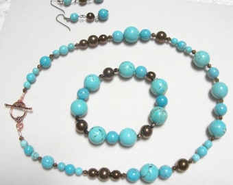 Blue magnesite with bronze glass necklace bracelet and earring set