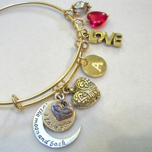 Gold plate Love you to the moon bangle bracelet with initial